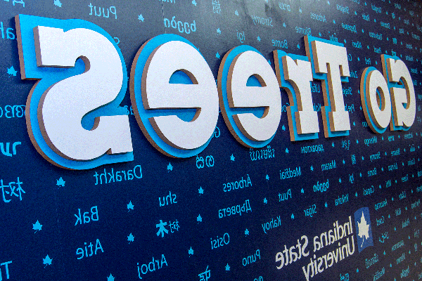 A navy-blue wall with a collage of words written in light blue ink on it. The words are in a variety of languages. The words include “Darakht,” “Puut,” “Arbores,” and “Bome.” “Go Trees” is on the wall in large white and blue lettering. The Indiana State University logo is below.